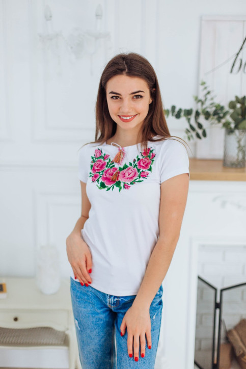 Купити жіночу футболку вишиванку Тіффані (біла з рожевим) в Україні від Галичанка фото 1