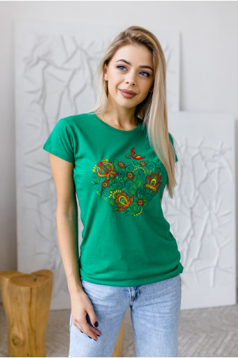 Купить женскую футболку вышиванку Мелодия сердца (зеленая многоцветная) в Украине от Галычанка
