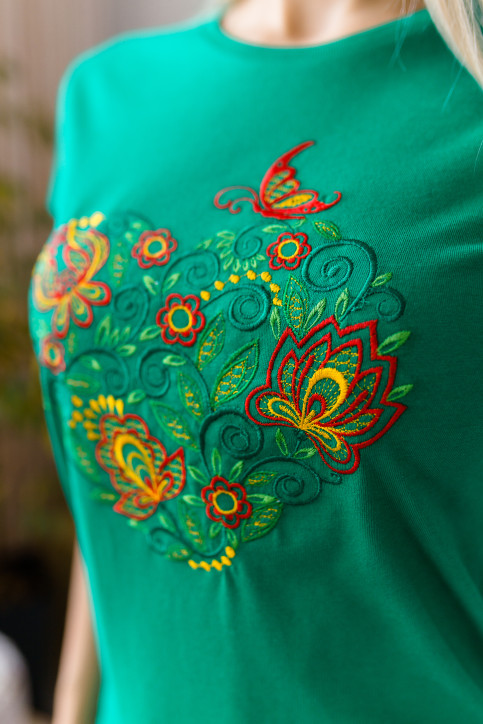 Купити жіночу футболку вишиванку Мелодія серця (зелена багатоколірна) в Україні від Галичанка фото 2