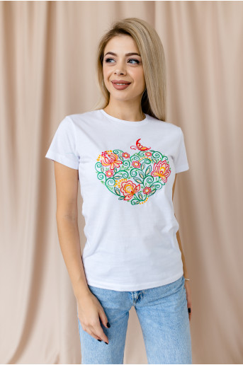 Купить женскую футболку вышиванку Мелодия седца (белая многоцветная) в Украине от Галычанка