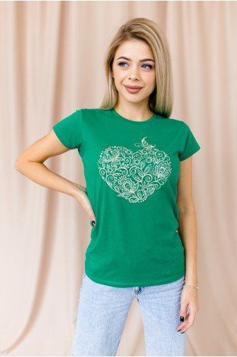 Купити жіночу футболку вишиванку Мелодія серця (зелена одноколірна) в Україні від Галичанка