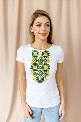 Купить женскую футболку вышиванку Непобедимая (белая с зеленой) в Украине от Галычанка