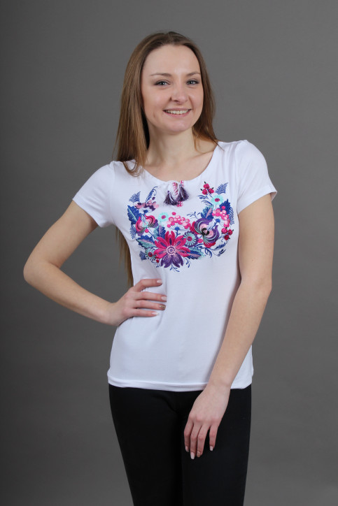 Купити жіночу футболку вишиванку Петриківка (біла з фіолетовим) в Україні від Галичанка фото 1
