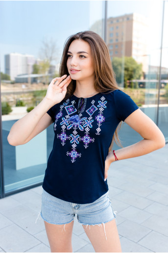 Купити жіночу футболку вишиванку Зоряна ніч (синя з фіолетовим) в Україні від Галичанка