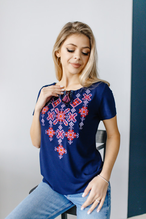 Купить женскую футболку вышиванку Звездная ночь (синяя с синим) в Украине от Галычанка фото 1