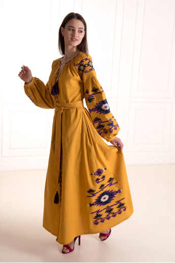 Вишите плаття Калейдоскоп (гірчичний з фіолетовим) купити в Україні від виробника Галичанка