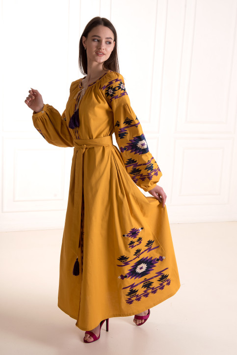 Вишите плаття Калейдоскоп (гірчичний з фіолетовим) купити в Україні від виробника Галичанка фото 1