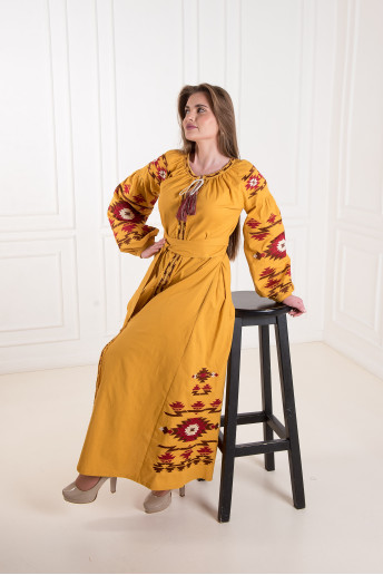 Вишите плаття Калейдоскоп (гірчичний з вишневим) купити в Україні від виробника Галичанка