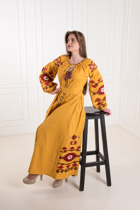 Вишите плаття Калейдоскоп (гірчичний з вишневим) купити в Україні від виробника Галичанка фото 1