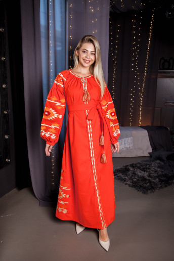 Вишите плаття Калейдоскоп (помаранчевий з оранжевим) купити в Україні від виробника Галичанка