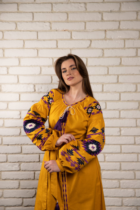 Вишите плаття Калейдоскоп (гірчичний з фіолетовим) купити в Україні від виробника Галичанка фото 2
