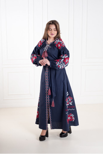 Вишите плаття Паризький букет (темно синя з вишневим) купити в Україні від виробника Галичанка