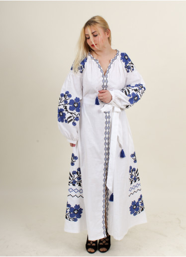 Вишите плаття Паризький букет (білий з синім) купити в Україні від виробника Галичанка