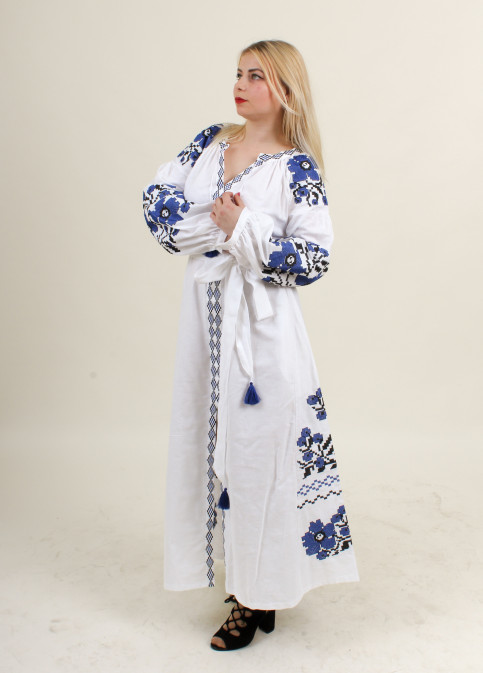 Вишите плаття Паризький букет (білий з синім) купити в Україні від виробника Галичанка фото 2