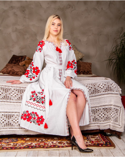 Вишите плаття Паризький букет (біла з червоним) купити в Україні від виробника Галичанка
