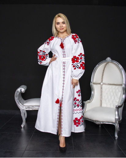 Вишите плаття Паризький букет (білий з червоним) купити в Україні від виробника Галичанка
