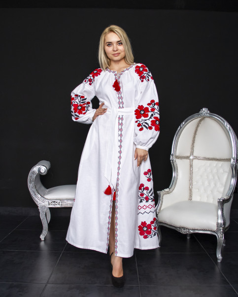Вишите плаття Паризький букет (білий з червоним) купити в Україні від виробника Галичанка фото 2