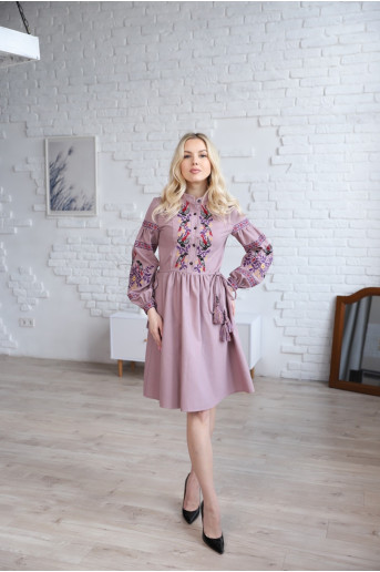Купить вышитое платье Птичье  перепевы (серая с фиолетовым) в Украине от производителя Галычанка