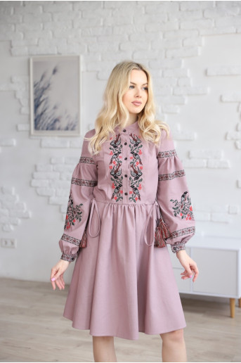 Купить вышитое платье Птичье перепевы (серая з зеленой) в Украине от производителя Галычанка