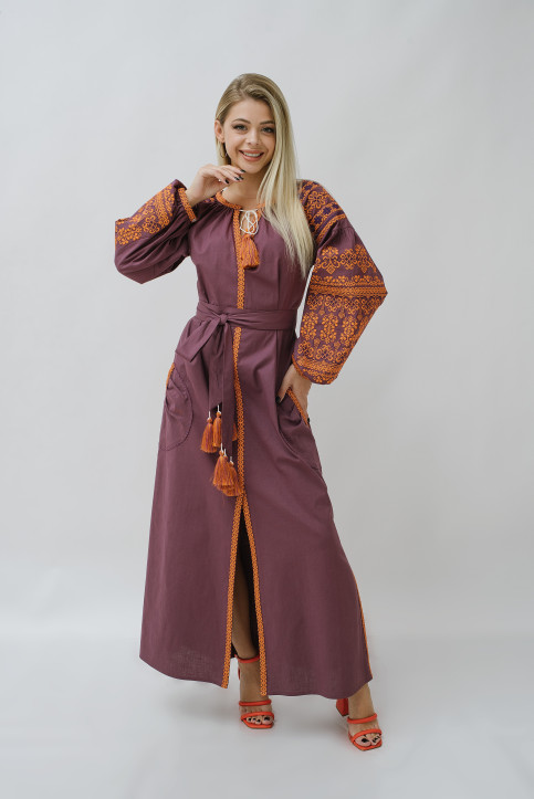 Вишите плаття Злата (фіолетова з оранжевим) купити в Україні від виробника Галичанка фото 2