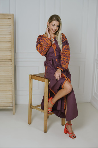 Вишите плаття Злата (фіолетова з оранжевим) купити в Україні від виробника Галичанка