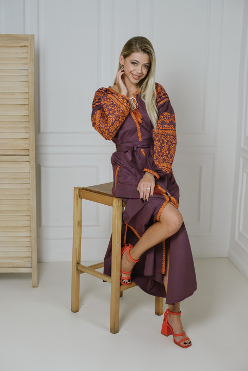 Вишите плаття Злата (фіолетова з оранжевим) купити в Україні від виробника Галичанка фото 1