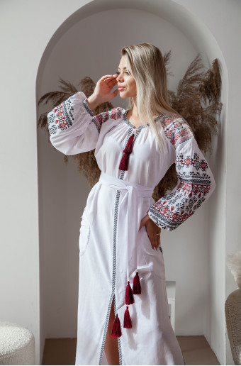 Купить вышитое платье Злата (белая с черной) в Украине от производителя Галычанка