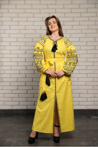 Жовте вишите плаття з чорним узором Злата від Галичанки, Україна