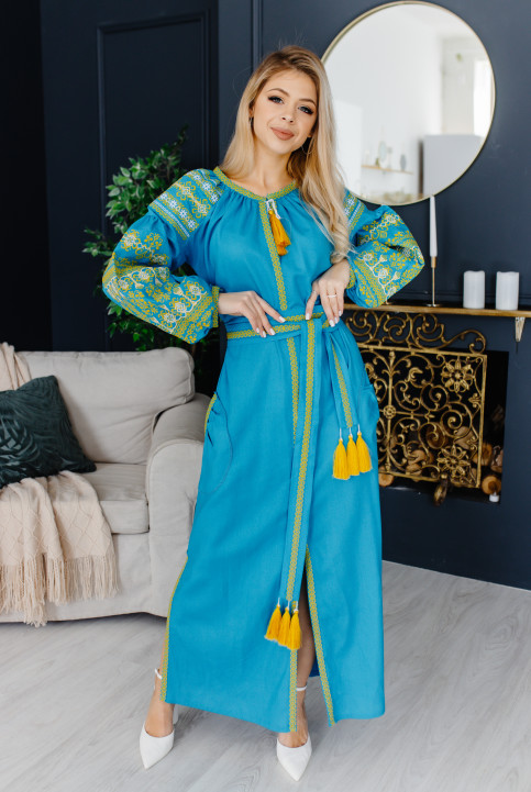 Вишите плаття Злата (блакитна з жовтим) купити в Україні від виробника Галичанка фото 1