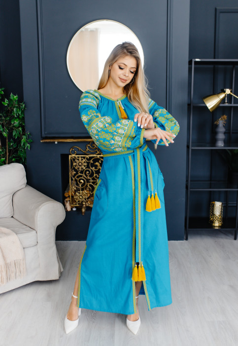 Вишите плаття Злата (блакитна з жовтим) купити в Україні від виробника Галичанка фото 3