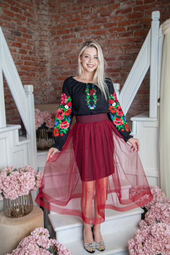 Купить юбку с вышивкой Модель wsk-0103-1 (вишневая, сетка вишневая) в Украине от Галычанка