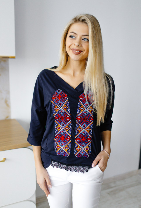 Купити жіночу футболку вишиванку Радість (синя) в Україні від Галичанка фото 1