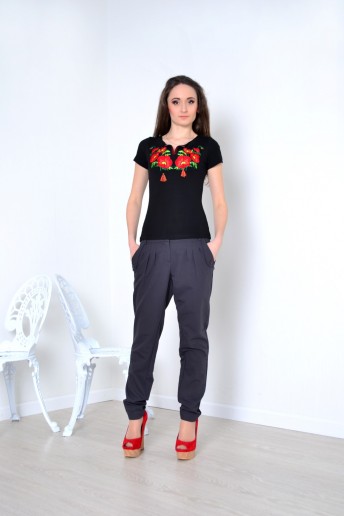 Купить женскую футболку вышиванку Маков цвет (черная) в Украине от Галычанка