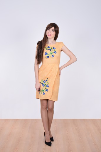 Dzvinka (yellow) - жін.плаття на запах к/р льон жовтий дзвіночки сині (Дзвінка)