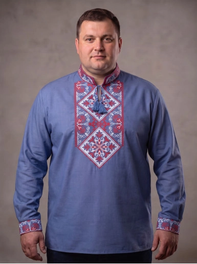 Kup męską koszulę haftowaną Goverla  (niebieskie jeansy z czerwonym i białym) w Polsce od Galychanka