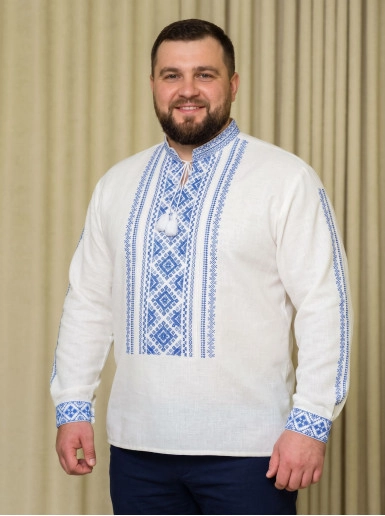 Buy Men's Embroidered Shirt Oksen (white with blue) in Ukraine by Galychanka