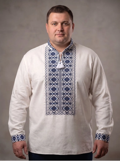 Kup męską koszulę haftowaną Svirid Plus (biały z niebieskim) w Polsce od Galychanka
