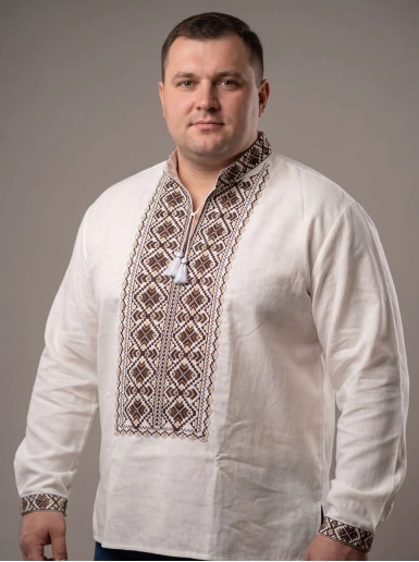 Kup męską koszulę haftowaną Svyryd Plus (biała z brązowym) w Polsce od Galychanka