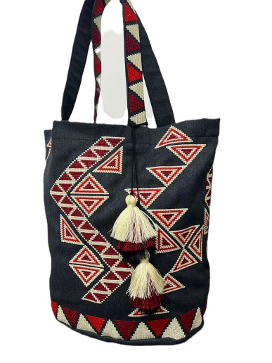 Сумка шопер Трипільська мозаїка (чорна з вишневим) з вишивкою по Україні від Галичанка