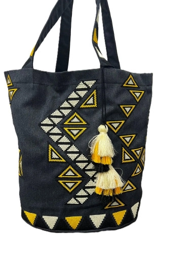 Сумка шопер Трипільська мозаїка (чорна з жовтим) з вишивкою по Україні від Галичанка