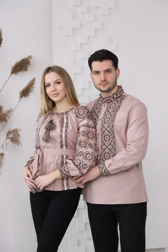 Купить парные вышиванки комплект " Олеся та Олекса" (бежевый с коричневым) в Украине от Галычанка