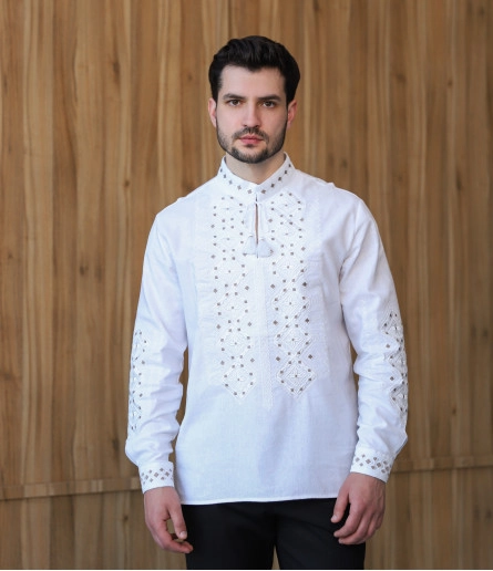 Купити чоловічу вишиту сорочку Едельвейс (біла з білим) в Україні від Галичанка