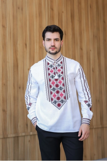 Купить мужскую вышитую рубашку Эней (белая с красно-черным) в Украине от Галычанка