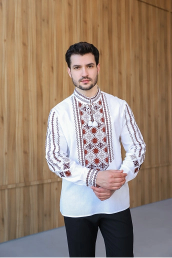 Купить мужскую вышитую рубашку Эней (белая с коричневым) в Украине от Галычанка