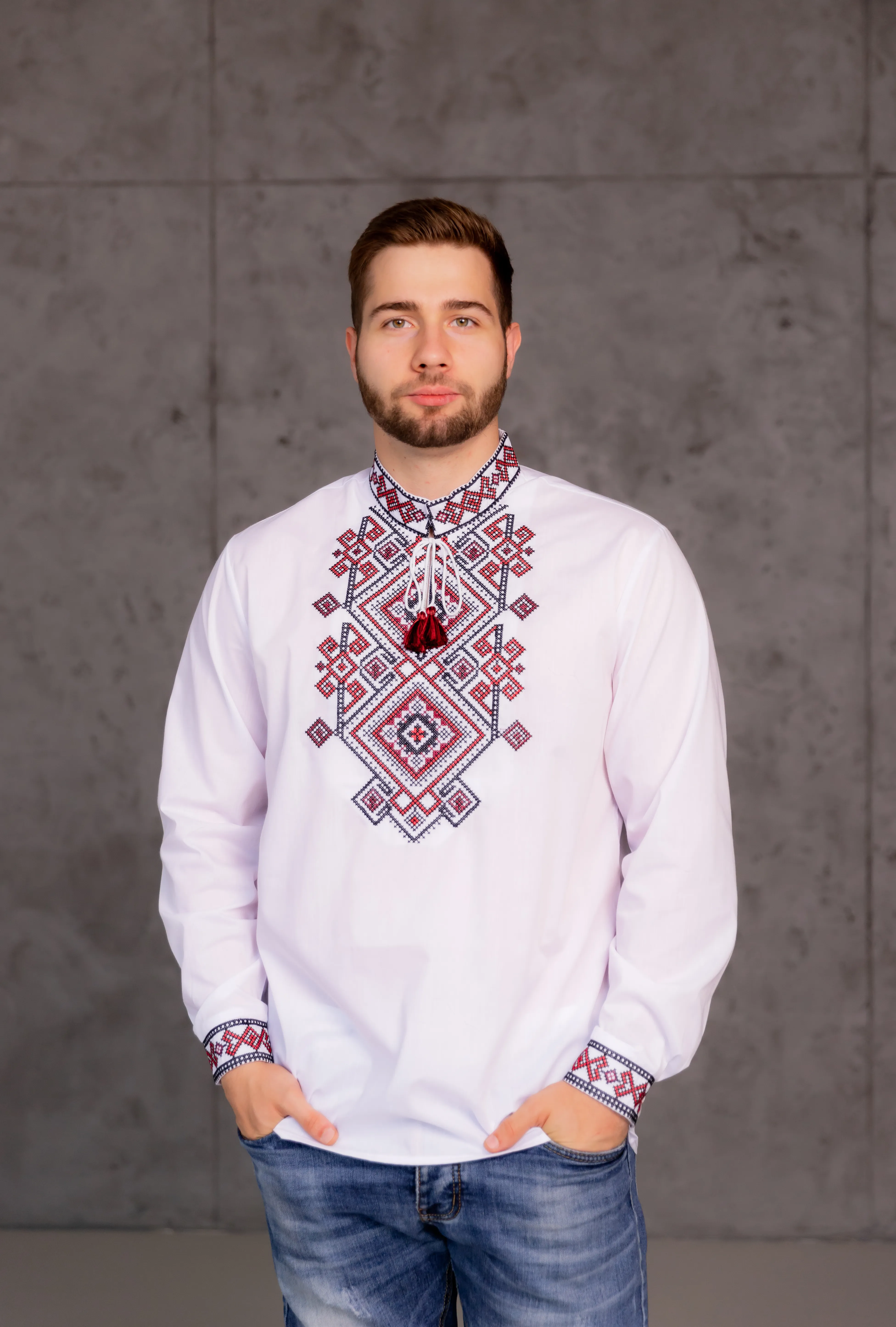 Чоловіча вишита сорочка Гордій (біла з червоним) фото 1