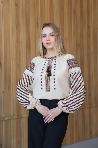 Купити жіночу вишиванку великого розміру Злагода(бежева св. з зеленим)  від інтернет-магазину Галичанка