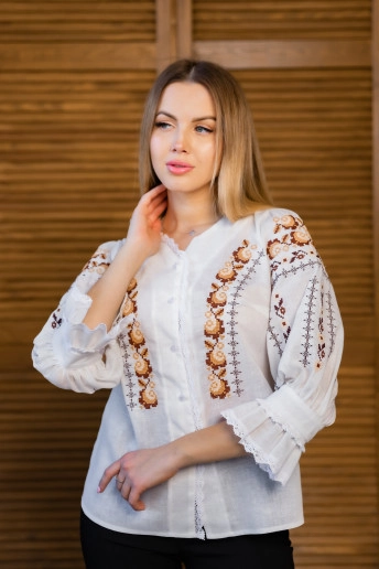 Вишиванка жіноча Люція (біла з коричневим)в Україні від Галичанка