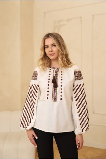 Купити жіночу вишиванку великого розміру Злагода (молочна з коричневим)  від інтернет-магазину Галичанка